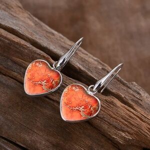 NWOT - Silver Heart Earrings with Glossy Orange Simulated Stone